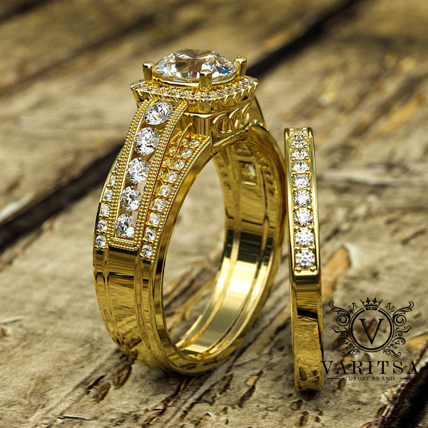 Bridal Set Halo Engagement Ring in 1.3ct Round Diamond - 02US25B